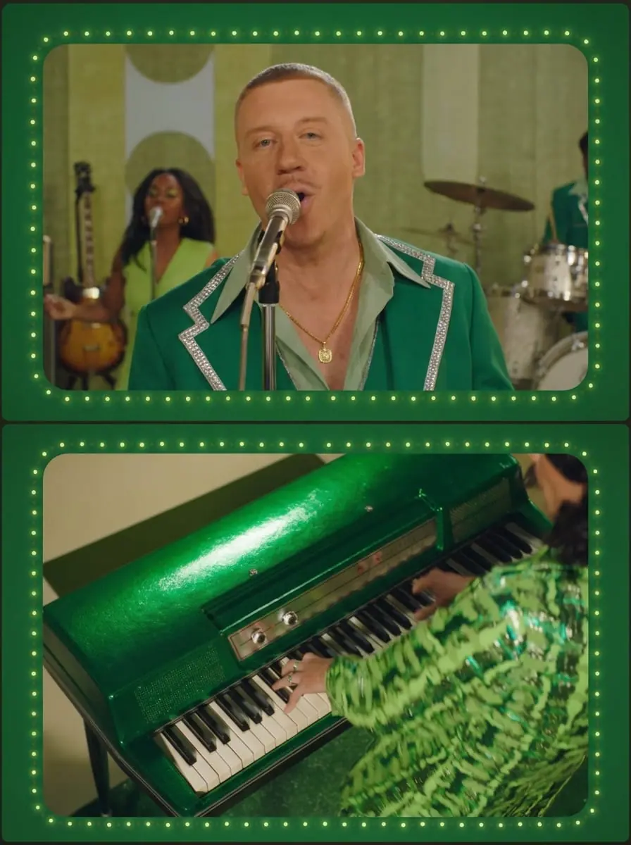 Green glitter wrapped piano on the set of the Macklemore MANIAC music video