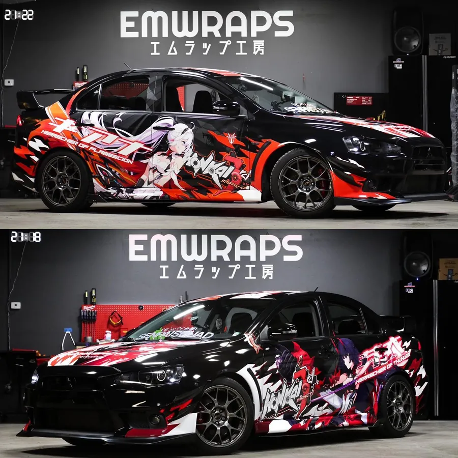 Black Mitsubishi Evo X with a red Honkai Impact 3rd itasha