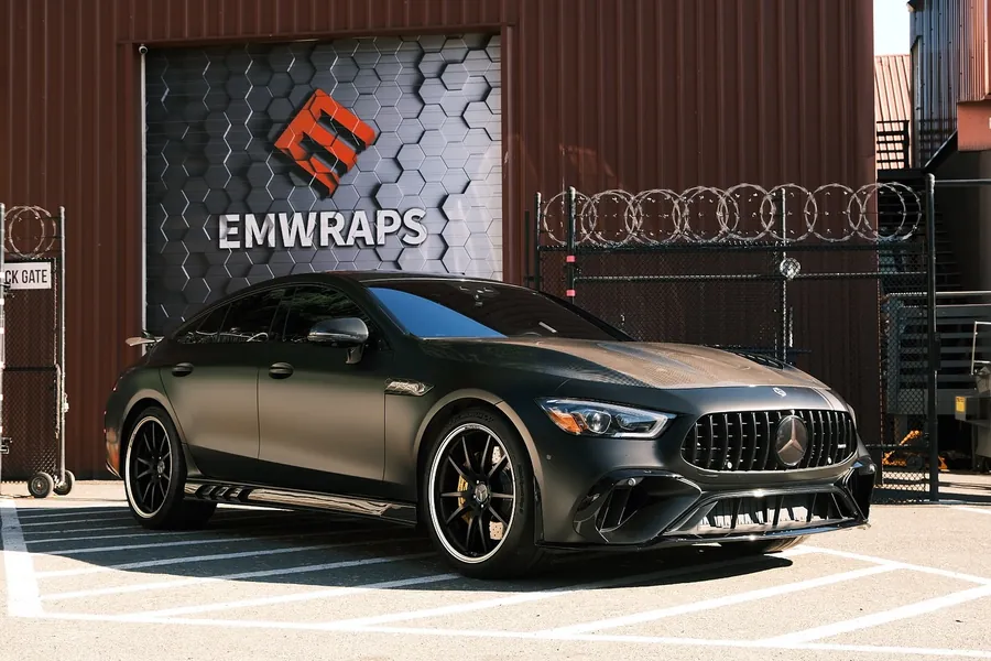 Mercedes-AMG GT 63 S four-door in satin black color PPF outside the EMWRAPS shop