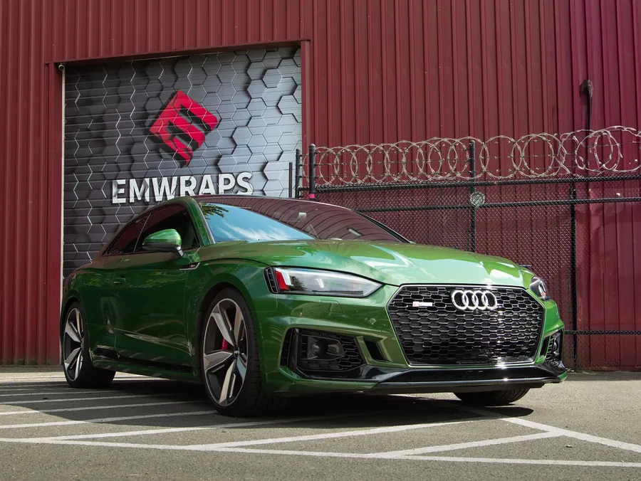 Green Audi RS5 coupe with full body gloss PPF in front of the EMWRAPS door
