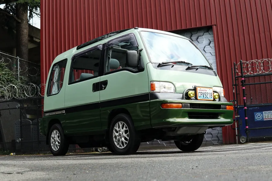Subaru Sambar van in two-tone green color PPF outside the EMWRAPS shop
