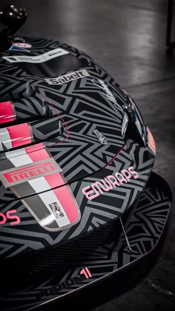 Grey camo Watkins Glen livery going on Michael Petramalo’s Ferrari 296 Challenge