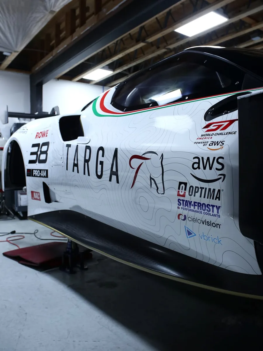 Side of Michael Petramalo’s Ferrari 296 GT3 in its white Targa livery, number 38