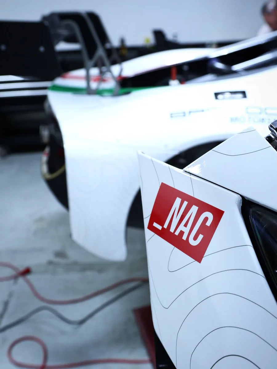 Rear fender of Michael Petramalo’s 2026 Ferrari 296 GT3 with the _NAC logo on its white Targa livery