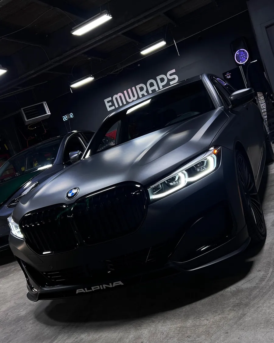 BMW Alpina B7 wrapped in matte black metallic with ceramic coating
